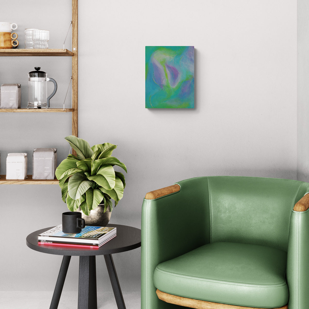 Small abstract wall art canvas with swirling teal, green, and lavender-purple paint displayed on a light white wall beside a green armchair and a side table with a potted plant.