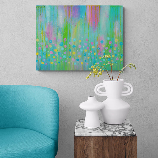 Aurora's Garden 18x24 painting styled with comfy chair and ceramic vases